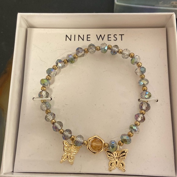 Nine West smokey AB Beads w butterfly charms stretch bracelet nib 7" - Picture 1 of 5